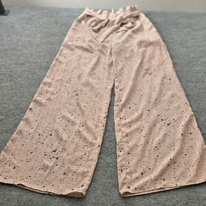 ENTRO Soft Pink Black Splatter Print Wide Leg Paper Bag Belted‎ Palazzo Pants